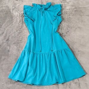 Women's Turquoise Blue V-Neck Cap Sleeve Shift Mini Dress, pockets, size Small